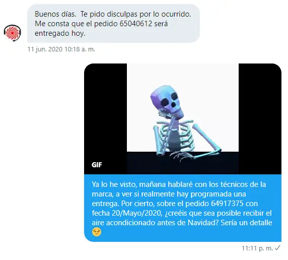 Captura de pantalla conversación de Twitter con MediaMarkt