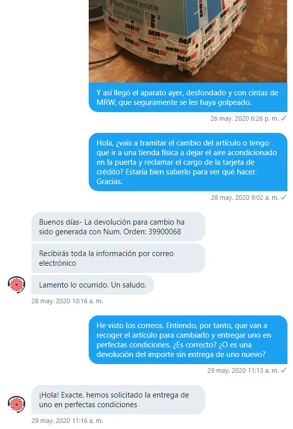 Captura de pantalla conversación en Twitter con atención al cliente de MediaMarkt