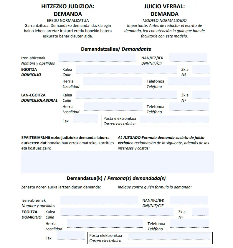 Documento modelo para tramitar un juicio verbal