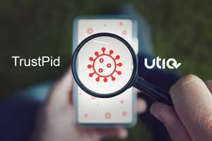 Ilustración de un móvil con un virus y los logos de TrustPid y Utiq 